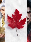 Красные листья клена на белом снегу